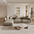 Divano sezionale a L reversibile a 3 posti in velluto a coste beige/marrone chiaro/nero con pouf