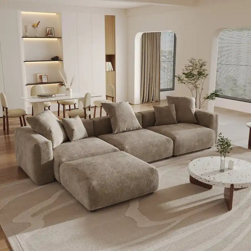 Divano sezionale a L reversibile a 3 posti in velluto a coste beige/marrone chiaro/nero con pouf