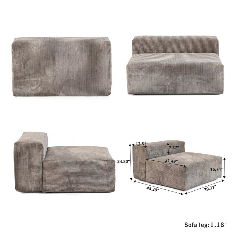 Divano sezionale a L reversibile a 3 posti in velluto a coste beige/marrone chiaro/nero con pouf