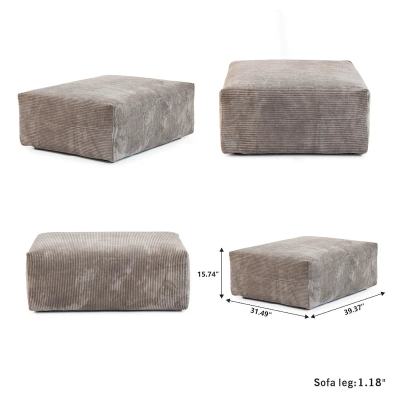 Divano sezionale a L reversibile a 3 posti in velluto a coste beige/marrone chiaro/nero con pouf