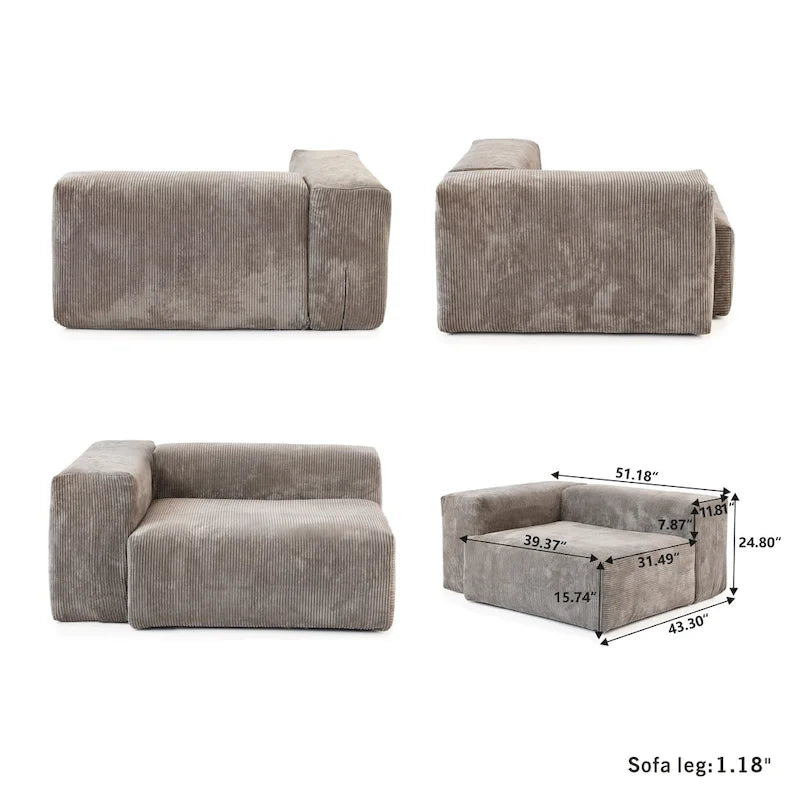Divano sezionale a L reversibile a 3 posti in velluto a coste beige/marrone chiaro/nero con pouf