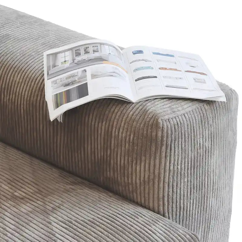 Divano sezionale a L reversibile a 3 posti in velluto a coste beige/marrone chiaro/nero con pouf