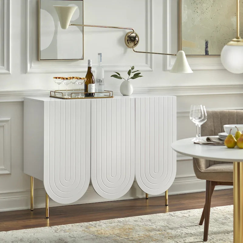 Credenza Mid-Century a 3 ante smerlate bianca/rosa/indaco, montaggio da 2 persone