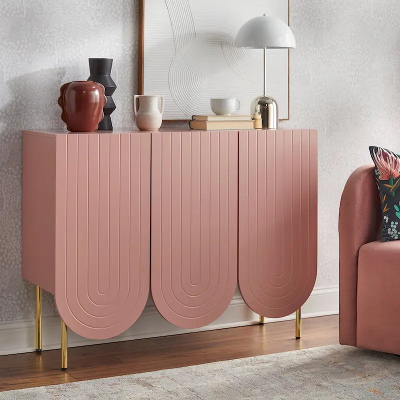 Credenza Mid-Century a 3 ante smerlate bianca/rosa/indaco, montaggio da 2 persone