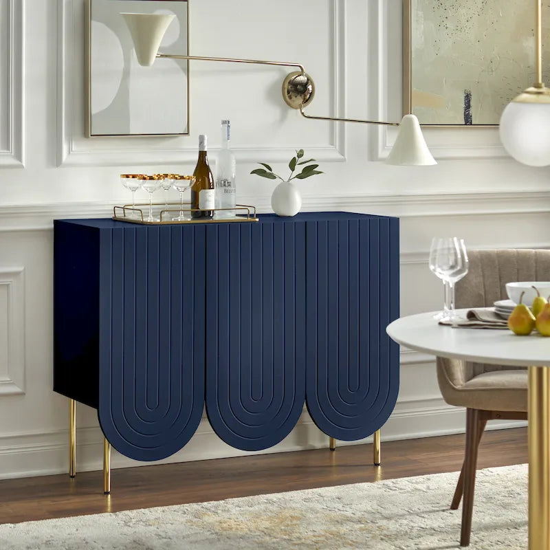 Credenza Mid-Century a 3 ante smerlate bianca/rosa/indaco, montaggio da 2 persone