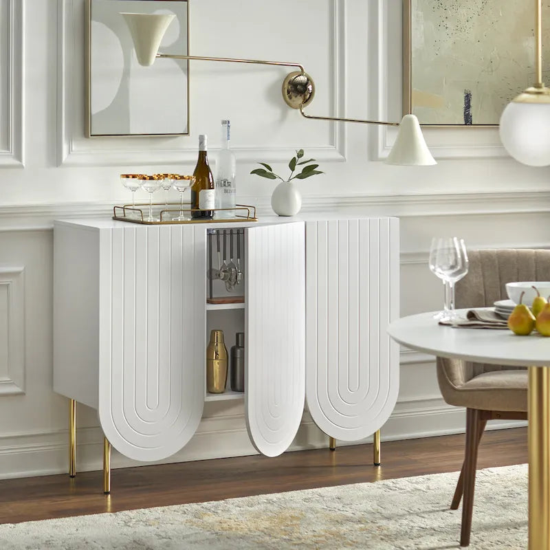Credenza Mid-Century a 3 ante smerlate bianca/rosa/indaco, montaggio da 2 persone