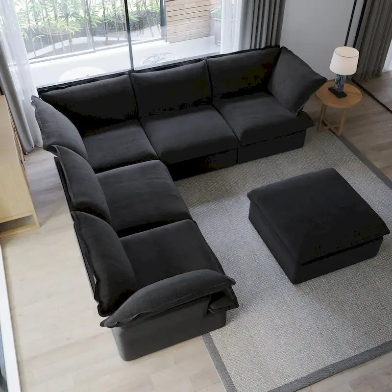Divano componibile a L a 5 posti bianco/beige/nero, con poggiapiedi opzionale