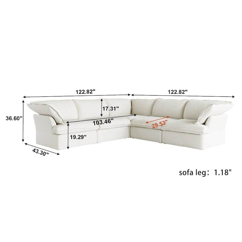 Divano componibile a L a 5 posti bianco/beige/nero, con poggiapiedi opzionale