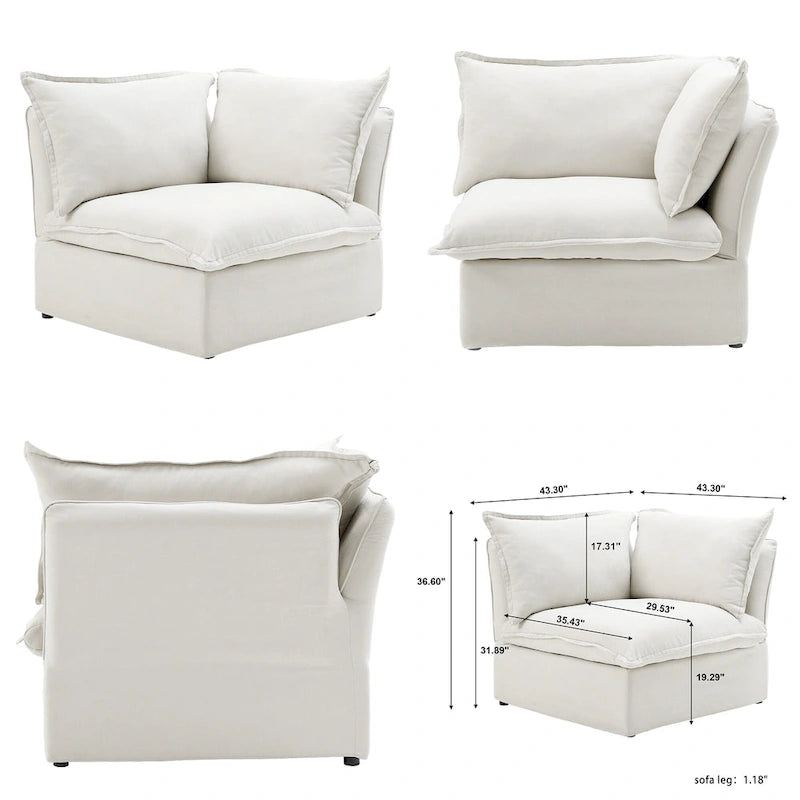 Divano componibile a L a 5 posti bianco/beige/nero, con poggiapiedi opzionale