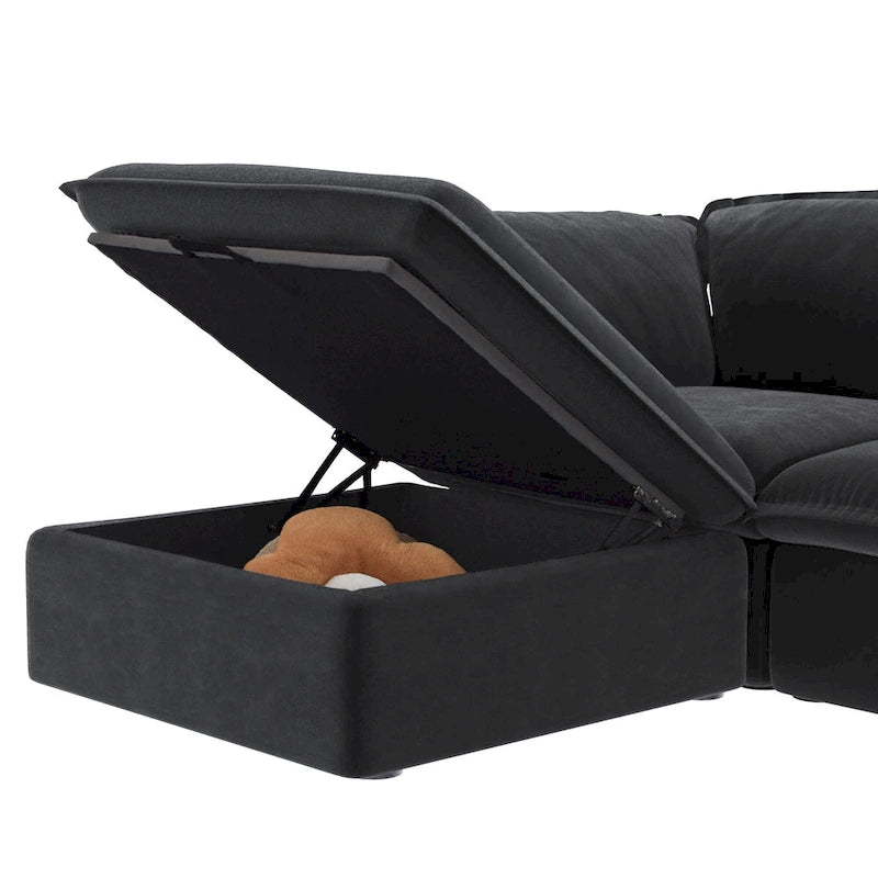 Divano componibile a L a 5 posti bianco/beige/nero, con poggiapiedi opzionale