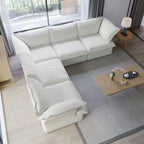 Divano componibile a L a 5 posti bianco/beige/nero, con poggiapiedi opzionale