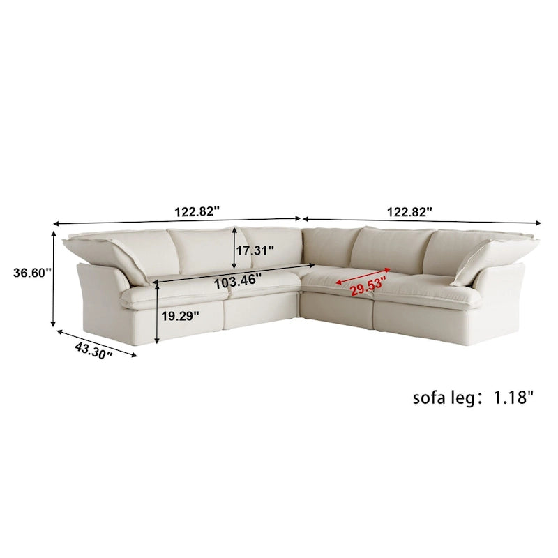 Divano componibile a L a 5 posti bianco/beige/nero, con poggiapiedi opzionale