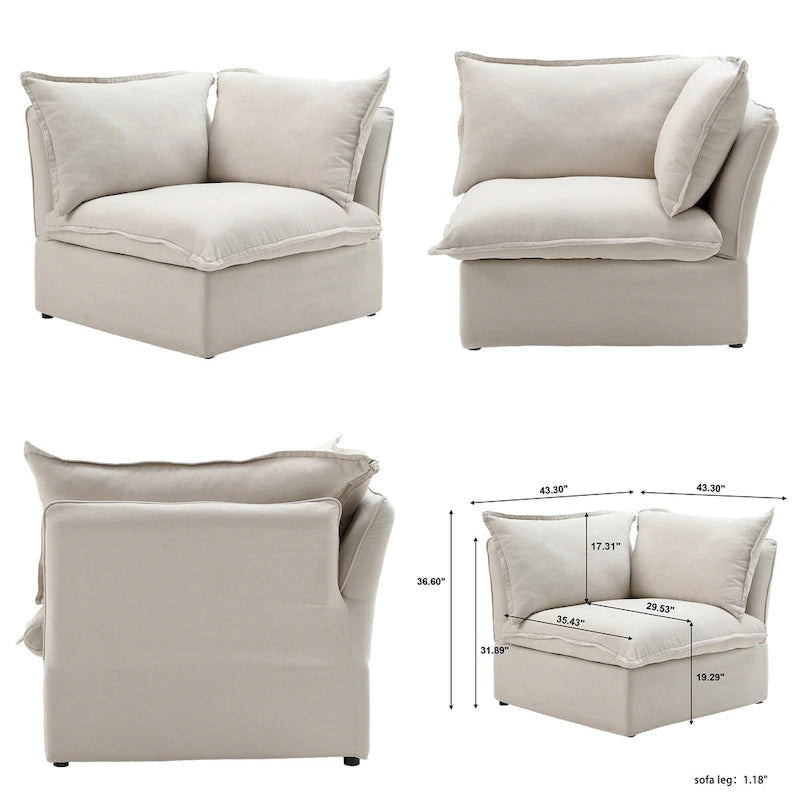 Divano componibile a L a 5 posti bianco/beige/nero, con poggiapiedi opzionale