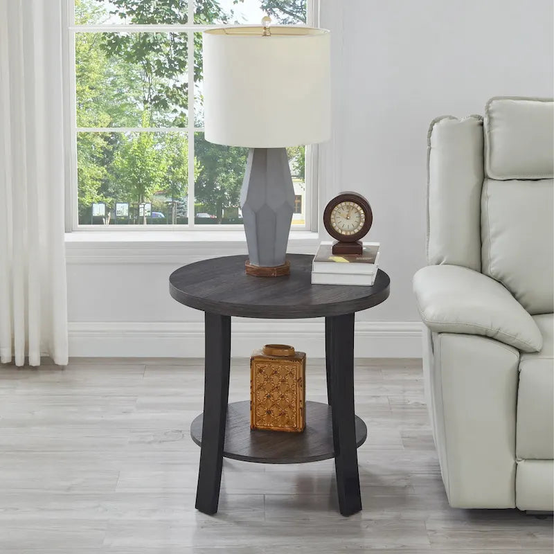 Tavolino rotondo contemporaneo in legno White/Charcoal con ripiano singolo