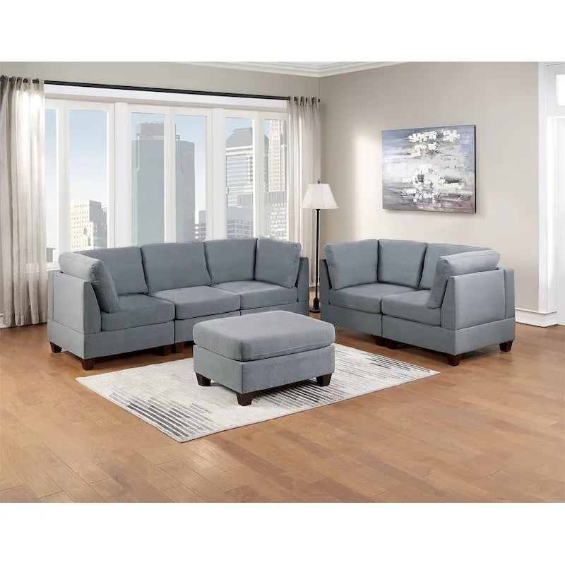 Pouf da cocktail in tessuto di lino grigio/nero, 2-3 posti