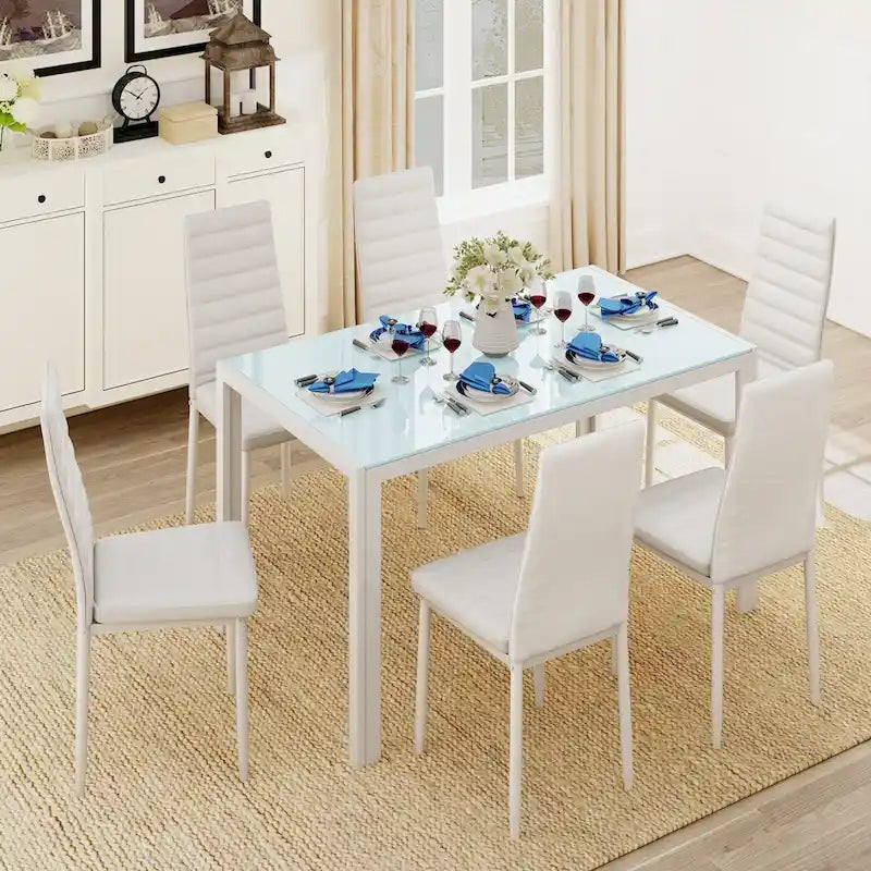 Tavolo da pranzo per 6 persone con piano in marmo/vetro bianco/nero, set da 7 pezzi con sedie in pelle PU con schienale alto