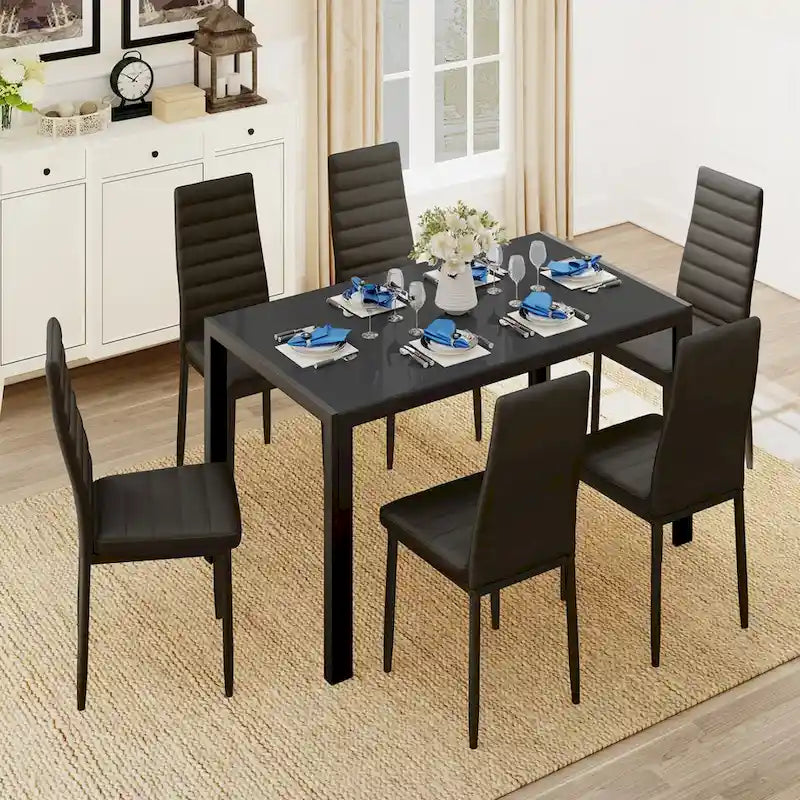 Tavolo da pranzo per 6 persone con piano in marmo/vetro bianco/nero, set da 7 pezzi con sedie in pelle PU con schienale alto