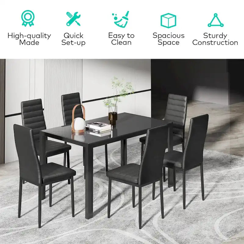 Tavolo da pranzo per 6 persone con piano in marmo/vetro bianco/nero, set da 7 pezzi con sedie in pelle PU con schienale alto