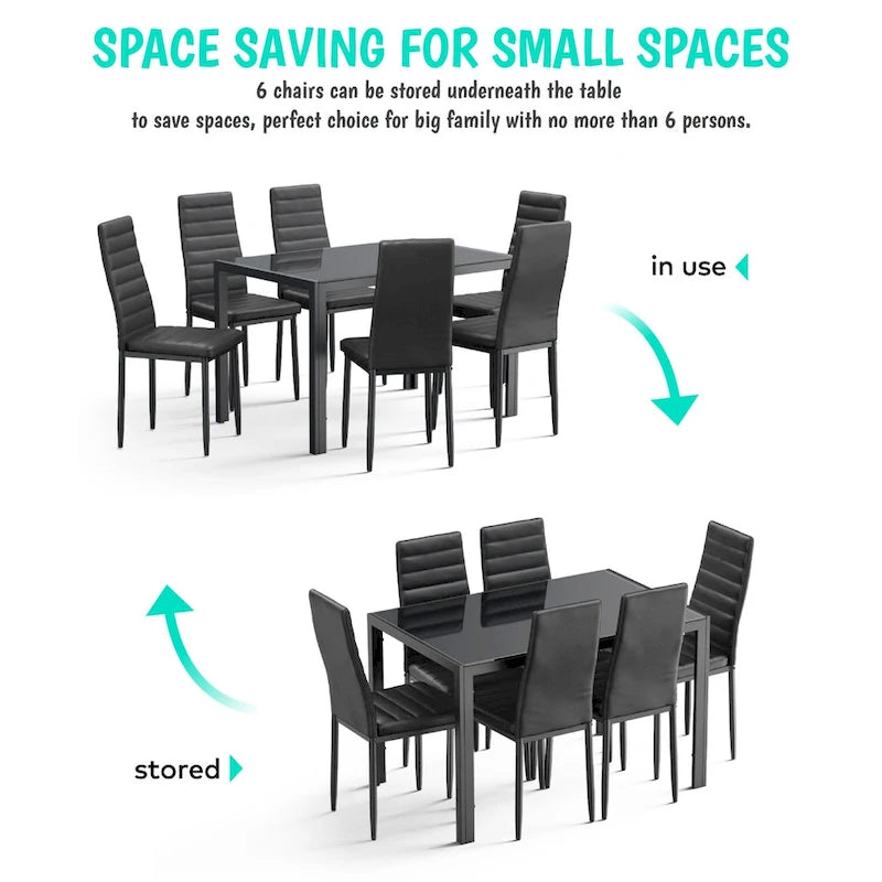 Tavolo da pranzo per 6 persone con piano in marmo/vetro bianco/nero, set da 7 pezzi con sedie in pelle PU con schienale alto