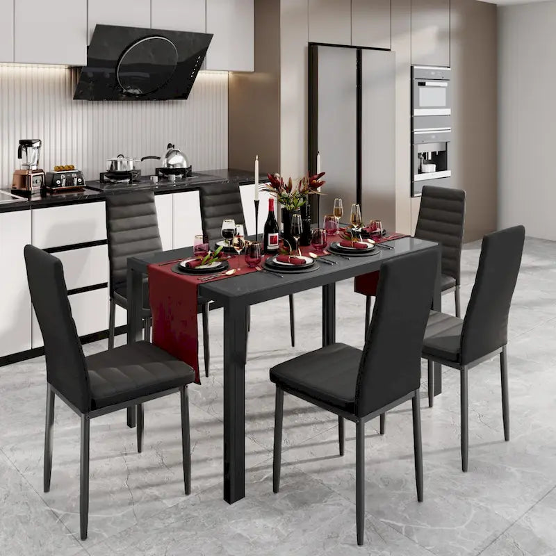 Tavolo da pranzo per 6 persone con piano in marmo/vetro bianco/nero, set da 7 pezzi con sedie in pelle PU con schienale alto