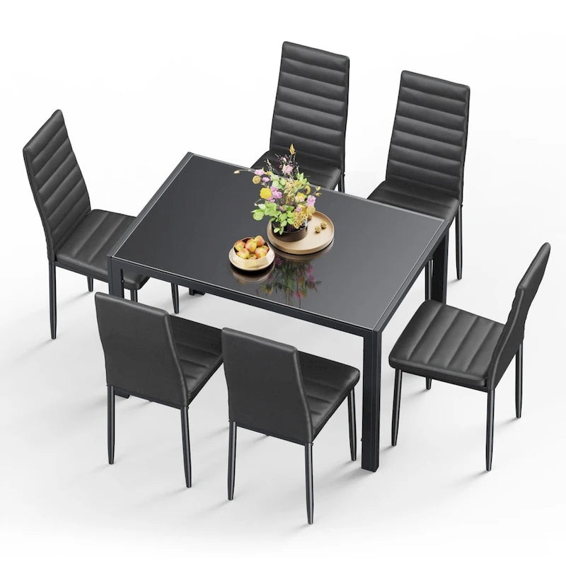Tavolo da pranzo per 6 persone con piano in marmo/vetro bianco/nero, set da 7 pezzi con sedie in pelle PU con schienale alto