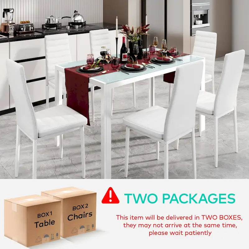 Tavolo da pranzo per 6 persone con piano in marmo/vetro bianco/nero, set da 7 pezzi con sedie in pelle PU con schienale alto