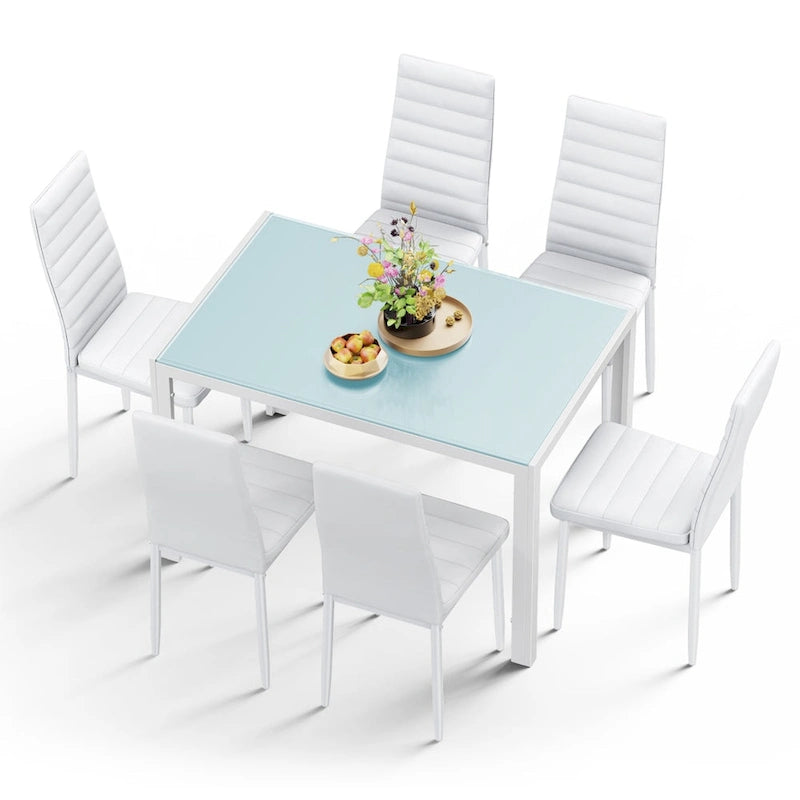 Tavolo da pranzo per 6 persone con piano in marmo/vetro bianco/nero, set da 7 pezzi con sedie in pelle PU con schienale alto