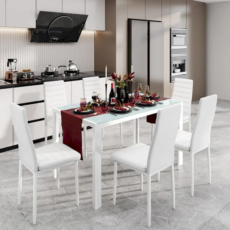 Tavolo da pranzo per 6 persone con piano in marmo/vetro bianco/nero, set da 7 pezzi con sedie in pelle PU con schienale alto