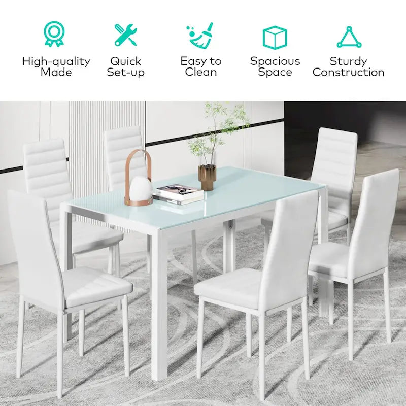 Tavolo da pranzo per 6 persone con piano in marmo/vetro bianco/nero, set da 7 pezzi con sedie in pelle PU con schienale alto