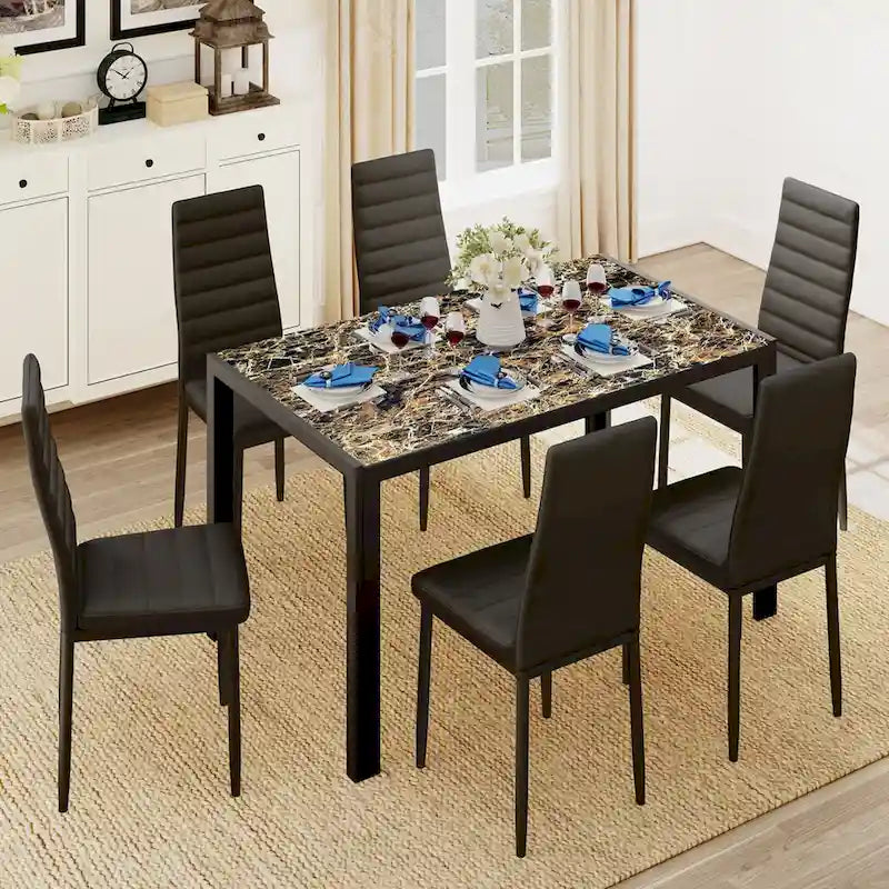 Tavolo da pranzo per 6 persone con piano in marmo/vetro bianco/nero, set da 7 pezzi con sedie in pelle PU con schienale alto