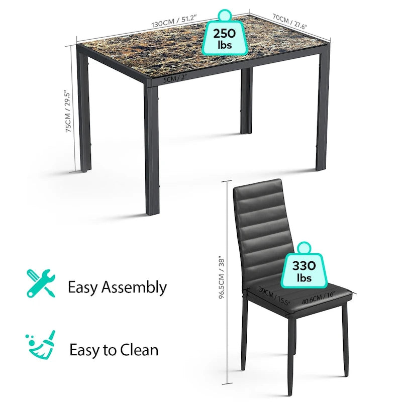Tavolo da pranzo per 6 persone con piano in marmo/vetro bianco/nero, set da 7 pezzi con sedie in pelle PU con schienale alto