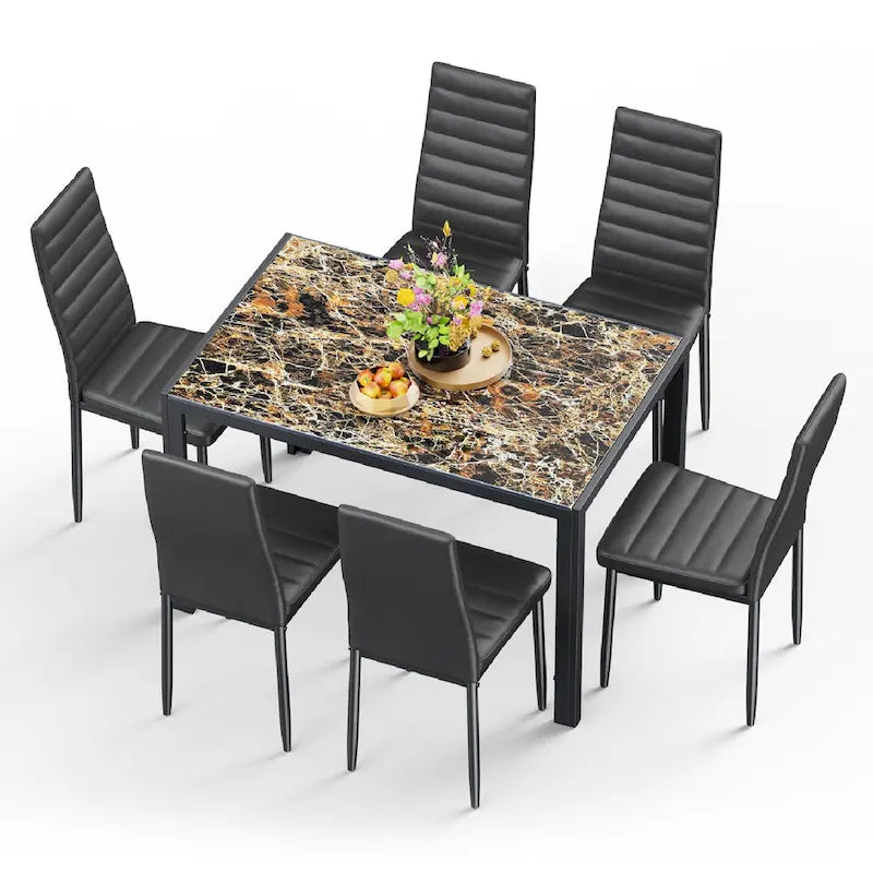 Tavolo da pranzo per 6 persone con piano in marmo/vetro bianco/nero, set da 7 pezzi con sedie in pelle PU con schienale alto