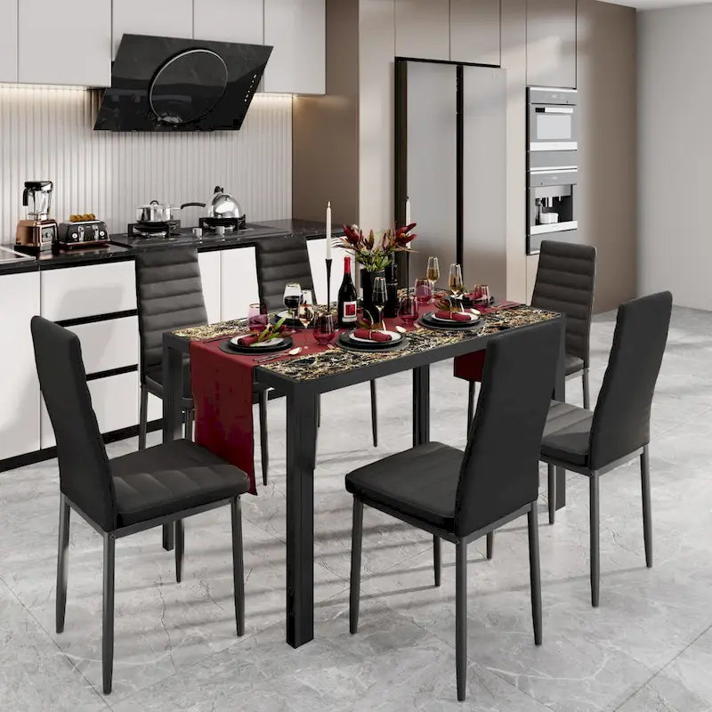 Tavolo da pranzo per 6 persone con piano in marmo/vetro bianco/nero, set da 7 pezzi con sedie in pelle PU con schienale alto