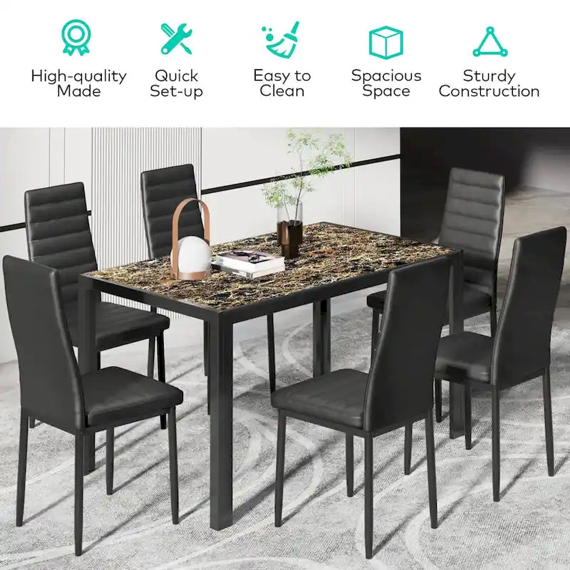Tavolo da pranzo per 6 persone con piano in marmo/vetro bianco/nero, set da 7 pezzi con sedie in pelle PU con schienale alto