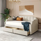 Divano letto singolo imbottito beige/grigio con cassetti portaoggetti, per 1 persona