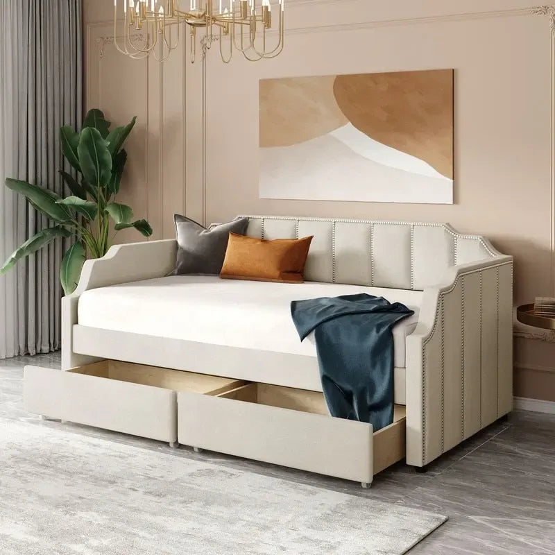 Divano letto singolo imbottito beige/grigio con cassetti portaoggetti, per 1 persona