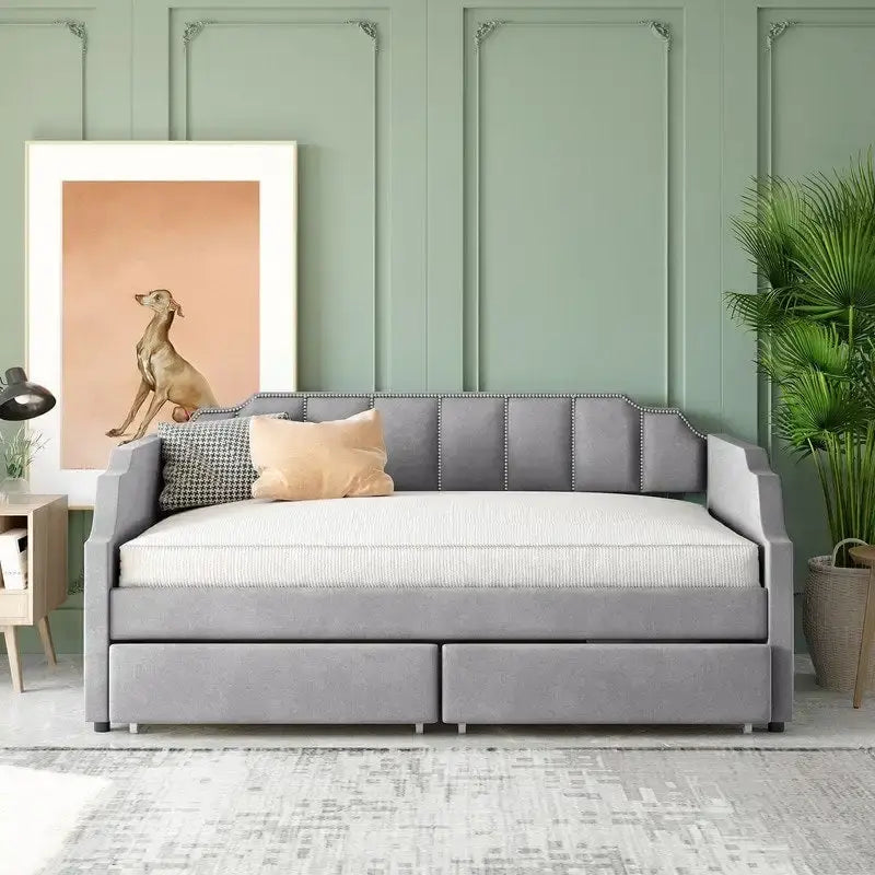 Divano letto singolo imbottito beige/grigio con cassetti portaoggetti, per 1 persona