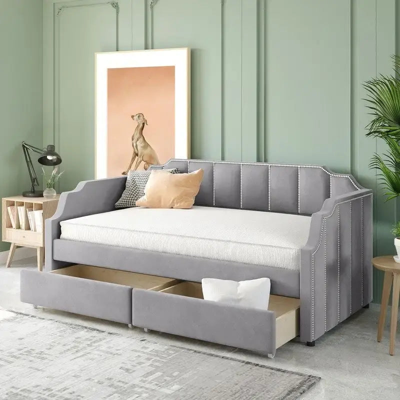 Divano letto singolo imbottito beige/grigio con cassetti portaoggetti, per 1 persona
