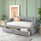 Divano letto singolo imbottito beige/grigio con cassetti portaoggetti, per 1 persona