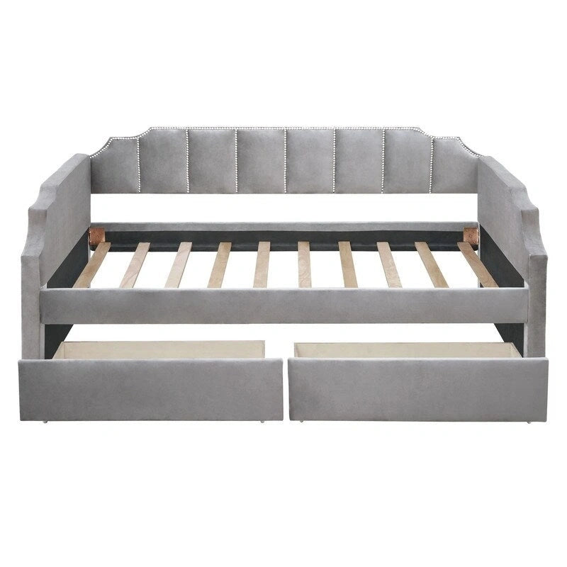 Divano letto singolo imbottito beige/grigio con cassetti portaoggetti, per 1 persona