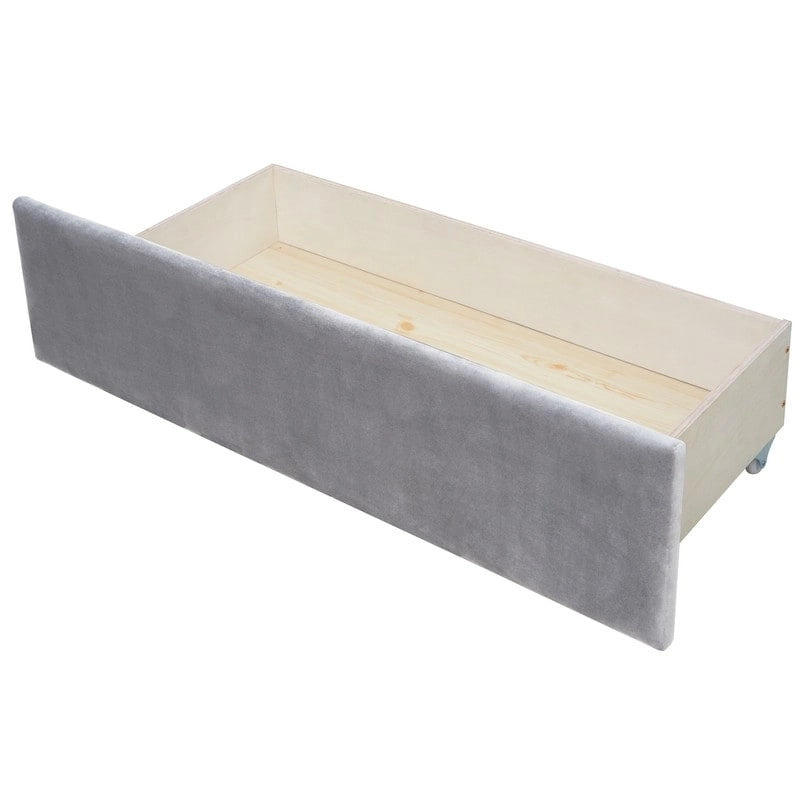Divano letto singolo imbottito beige/grigio con cassetti portaoggetti, per 1 persona