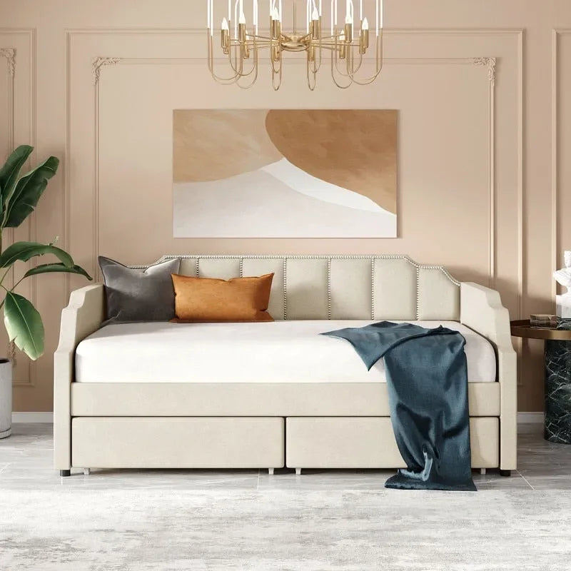 Divano letto singolo imbottito beige/grigio con cassetti portaoggetti, per 1 persona