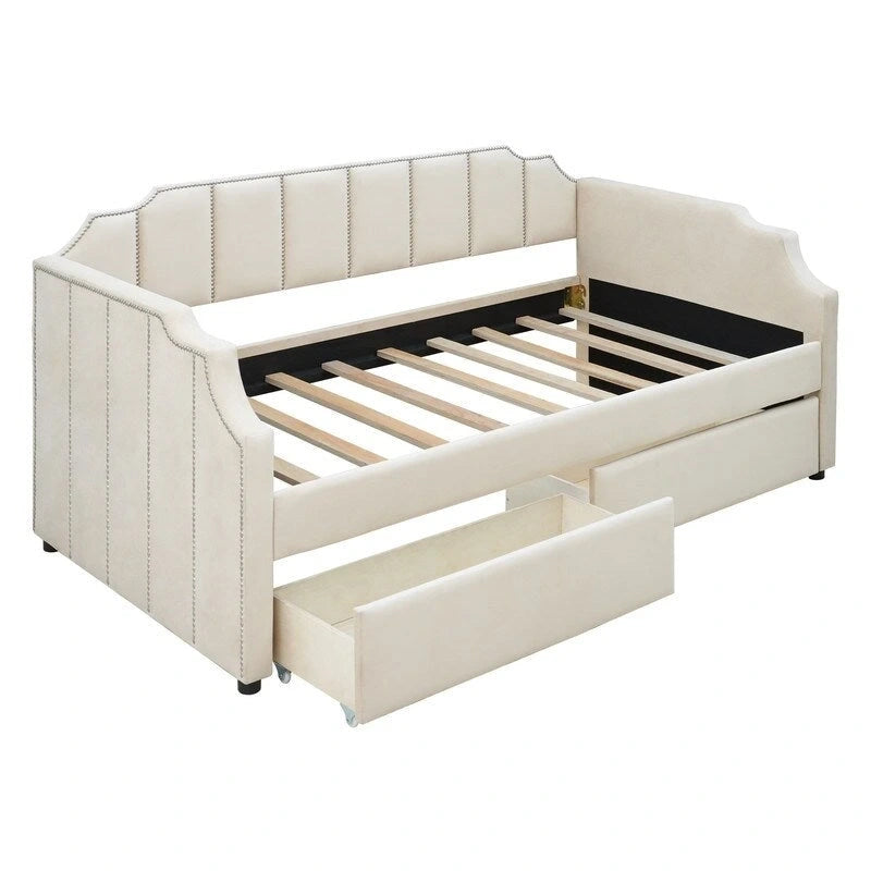 Divano letto singolo imbottito beige/grigio con cassetti portaoggetti, per 1 persona