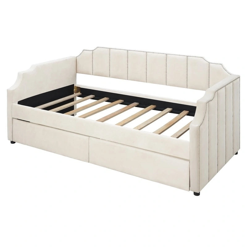 Divano letto singolo imbottito beige/grigio con cassetti portaoggetti, per 1 persona