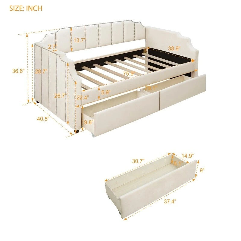 Divano letto singolo imbottito beige/grigio con cassetti portaoggetti, per 1 persona