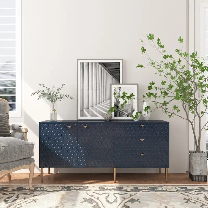 Credenza a 2 ante con 3 cassetti, bianca/blu/verde/nera, gambe dorate, montaggio a 2 persone