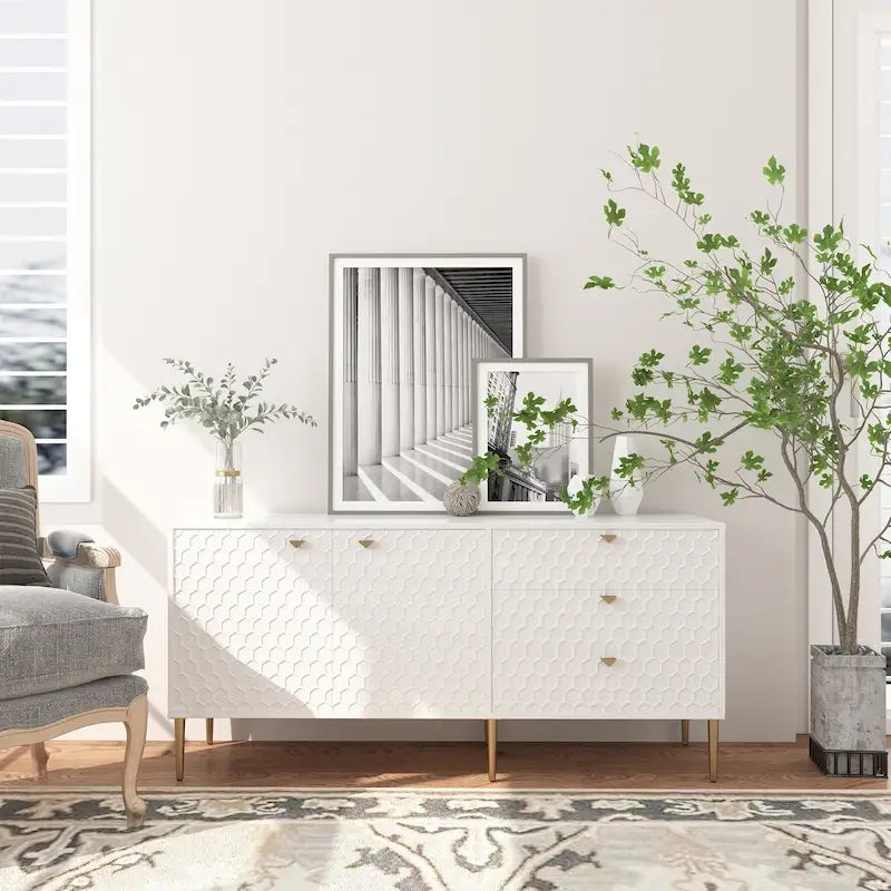 Credenza a 2 ante con 3 cassetti, bianca/blu/verde/nera, gambe dorate, montaggio a 2 persone