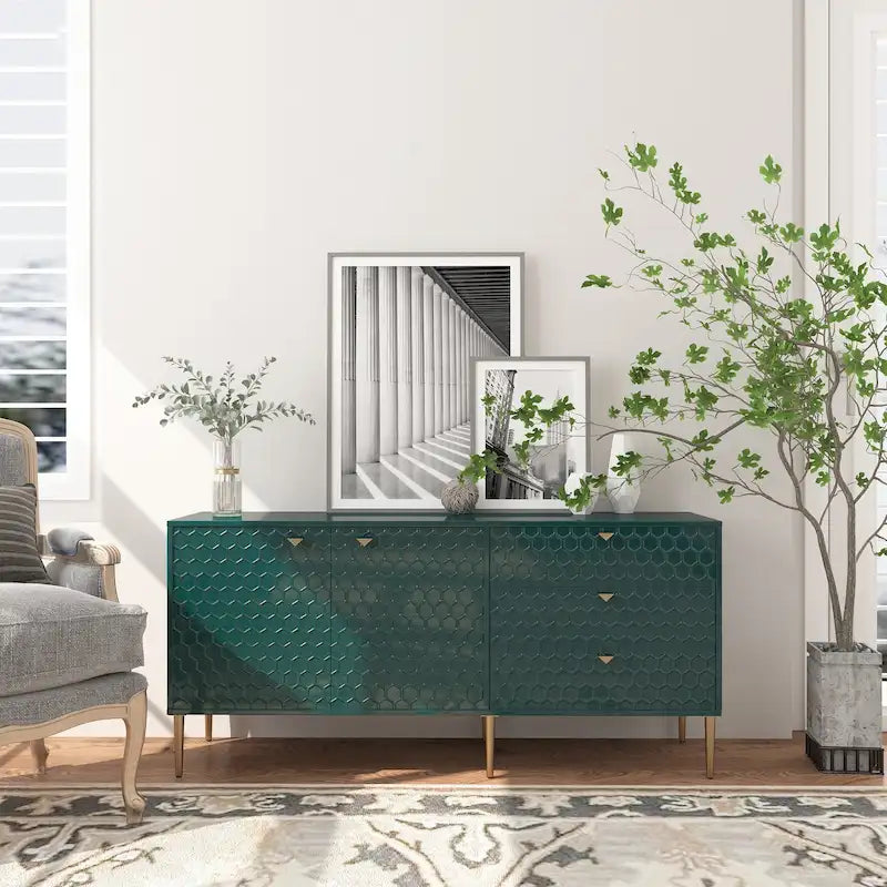 Credenza a 2 ante con 3 cassetti, bianca/blu/verde/nera, gambe dorate, montaggio a 2 persone