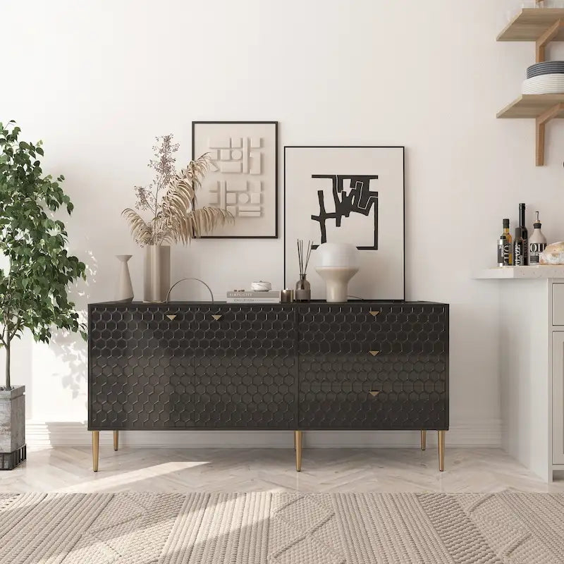 Credenza a 2 ante con 3 cassetti, bianca/blu/verde/nera, gambe dorate, montaggio a 2 persone