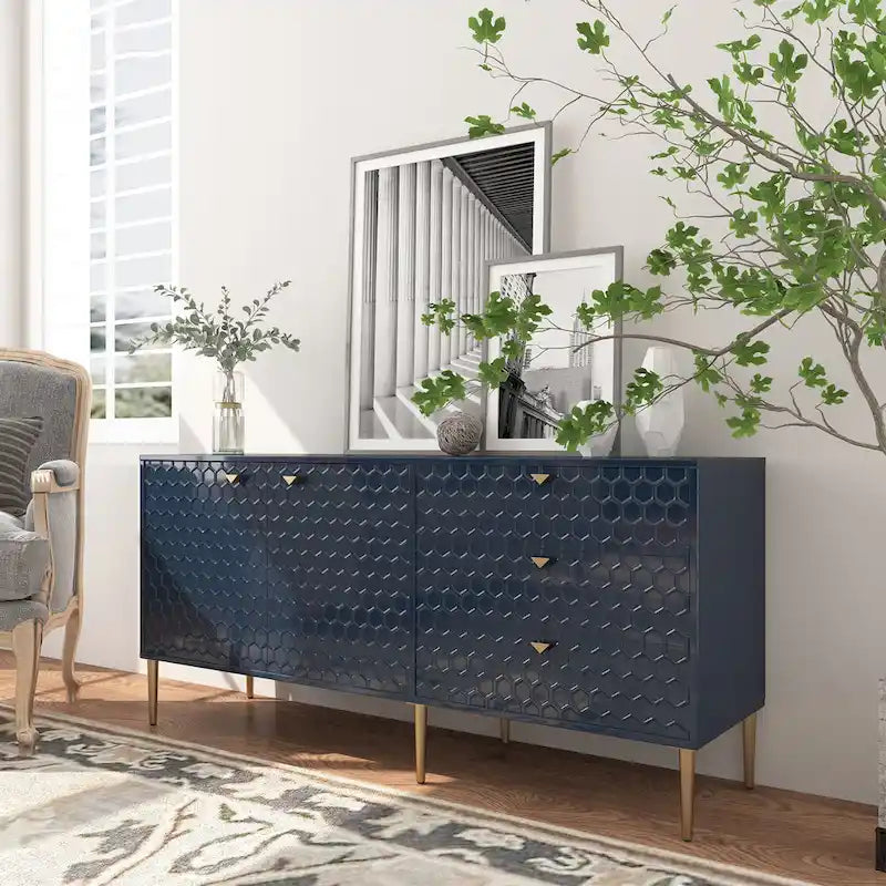 Credenza a 2 ante con 3 cassetti, bianca/blu/verde/nera, gambe dorate, montaggio a 2 persone